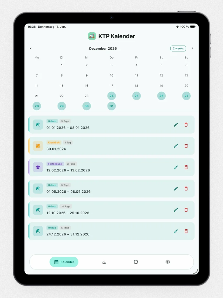 KTP Kalender App Screenshot auf iPad